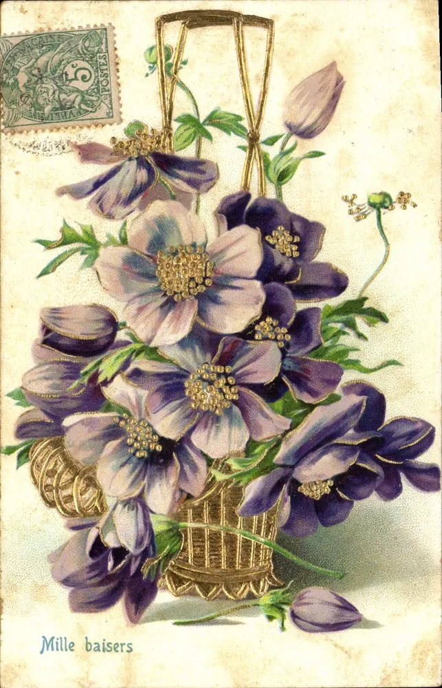 Arranjo de flores violetas em um cesto — editor não visível — número de série não visível - Frente
