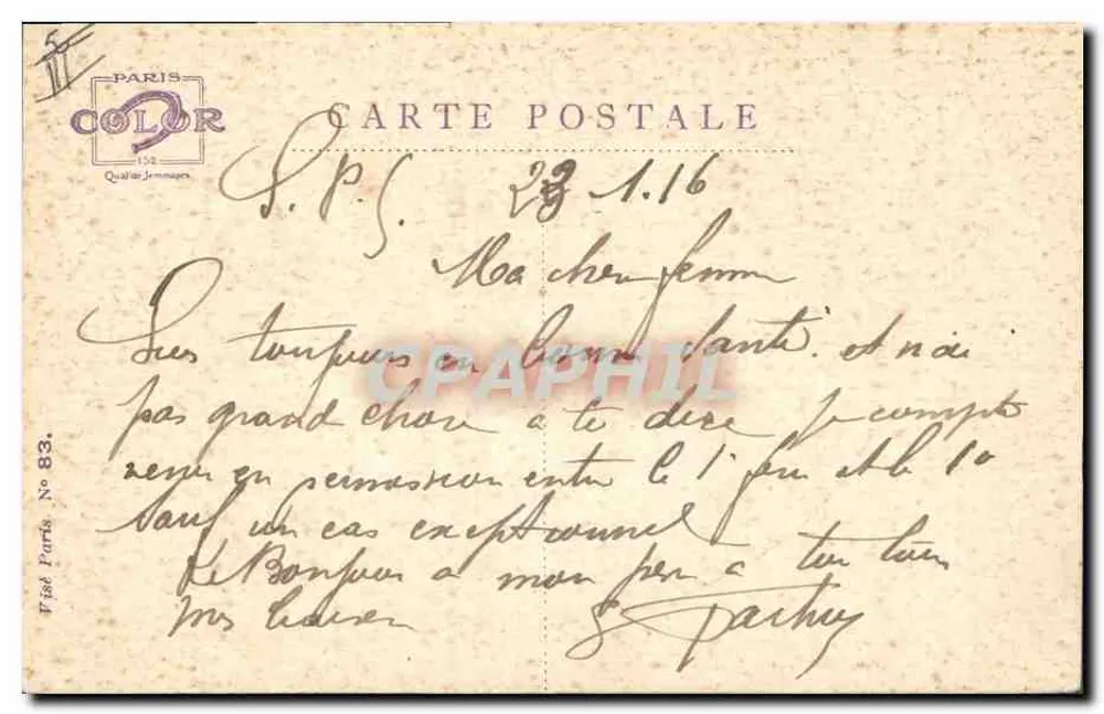 Mädchen, das an einen Liebhaber denkt — A. Woyts — Verlag Paris Color, n° 83 - Rückseite