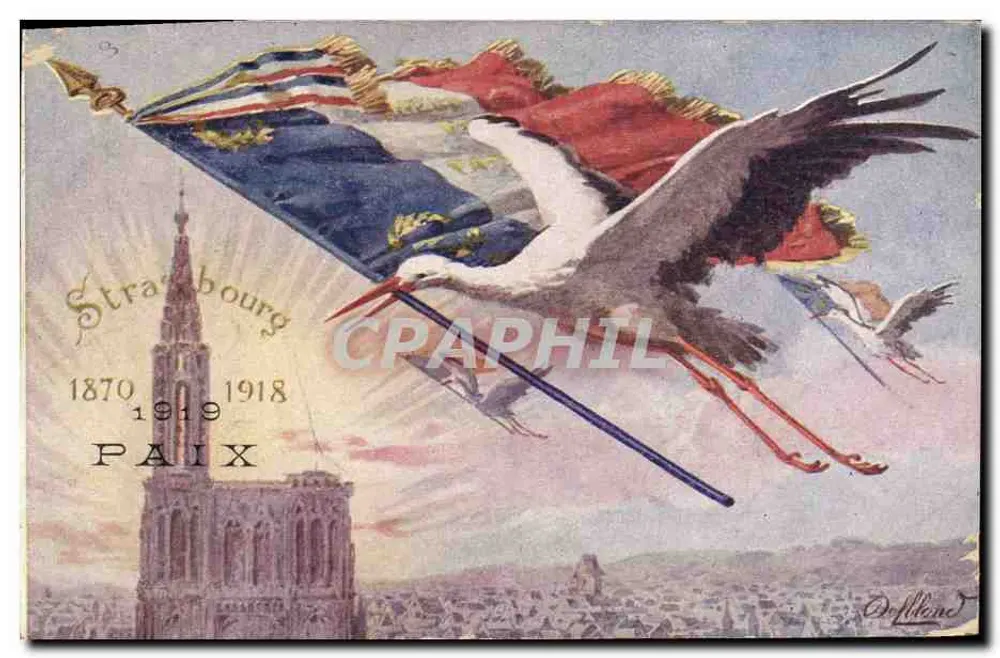 Strasbourg — cathédrale et cigogne portant le drapeau français — éditeur Orffland - Vorderseite