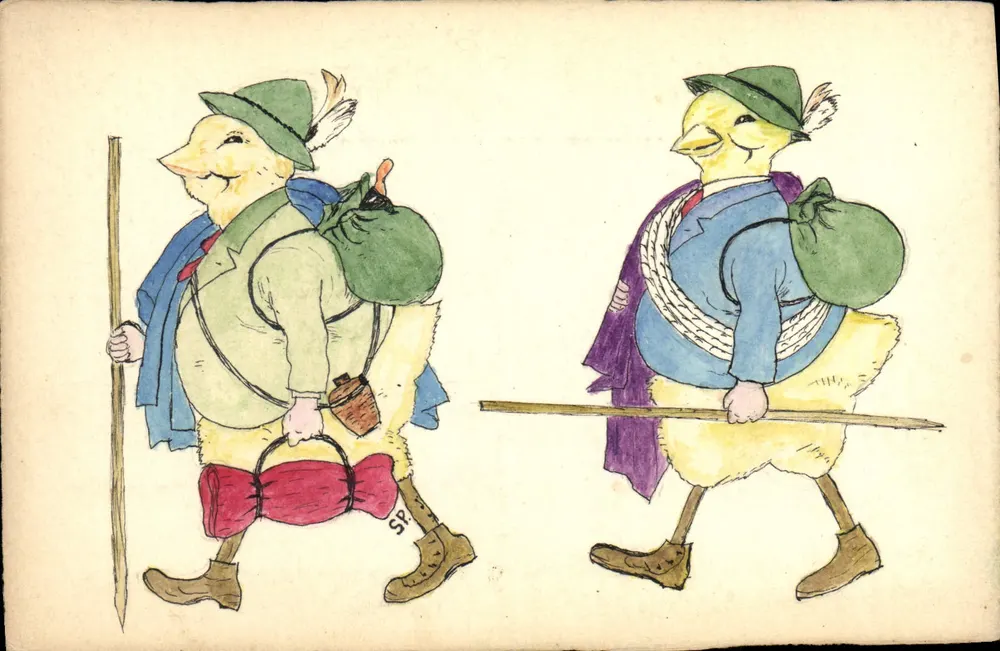 Dois patos em traje de viajantes — desenho de S. F. — editor DUPRÉ - Frente