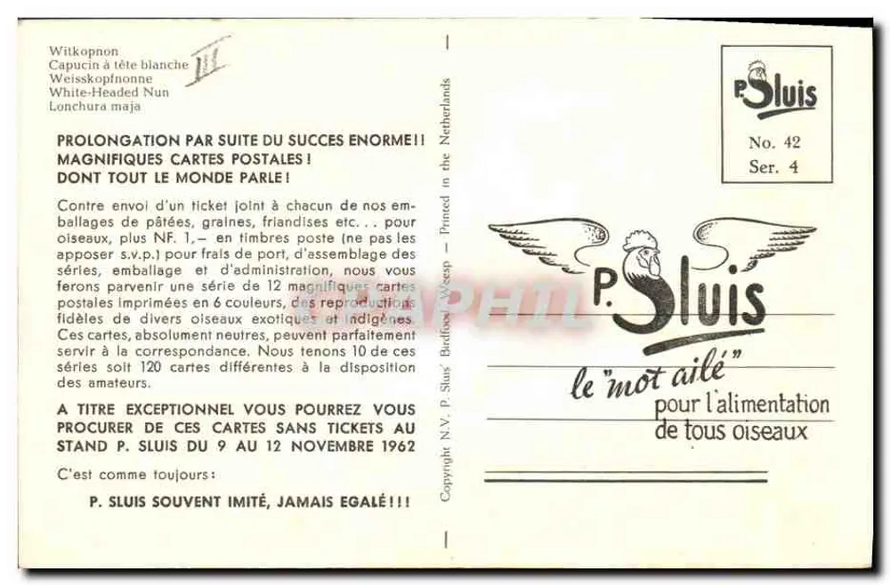 Ave exótico — White-Headed Nun (Lonchura maja) — P. Sluis, No. 42, Ser. 4 - Verso