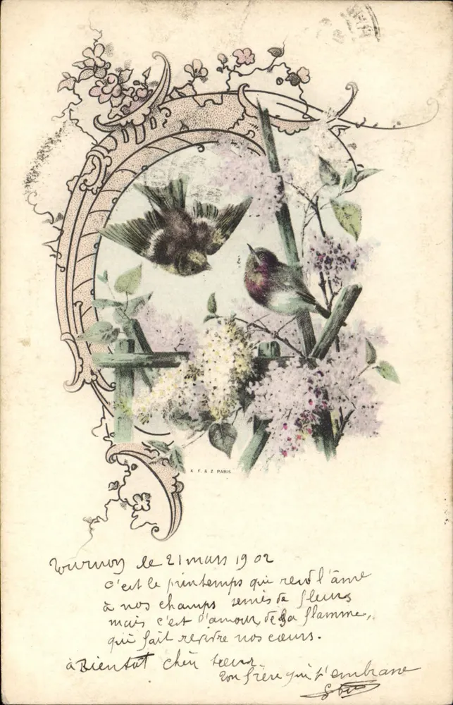 Primavera — pássaros e lírios — K. F. & Z. Paris - Frente