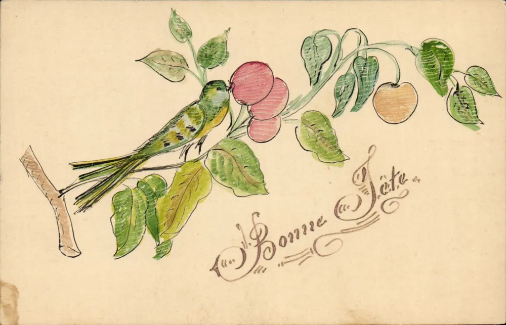 Pássaro em galho de pessegueiro — Bonne Sante — carta postal ilustrada - Frente