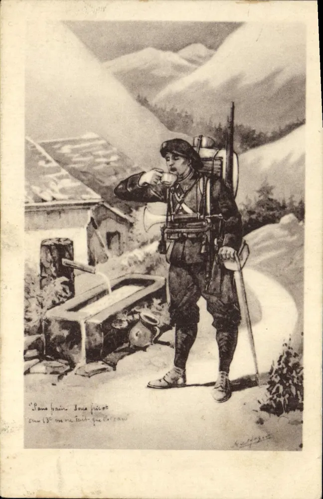 Soldato in montagna — pausa caffè — illustrazione di K. K. K. (K. K. K.) - Recto