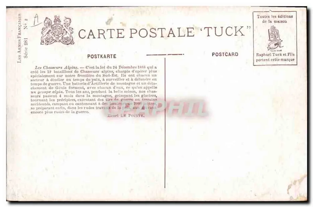 Caçadores Alpinos — As Armas Francesas, Série 181, editor Tuck - Verso