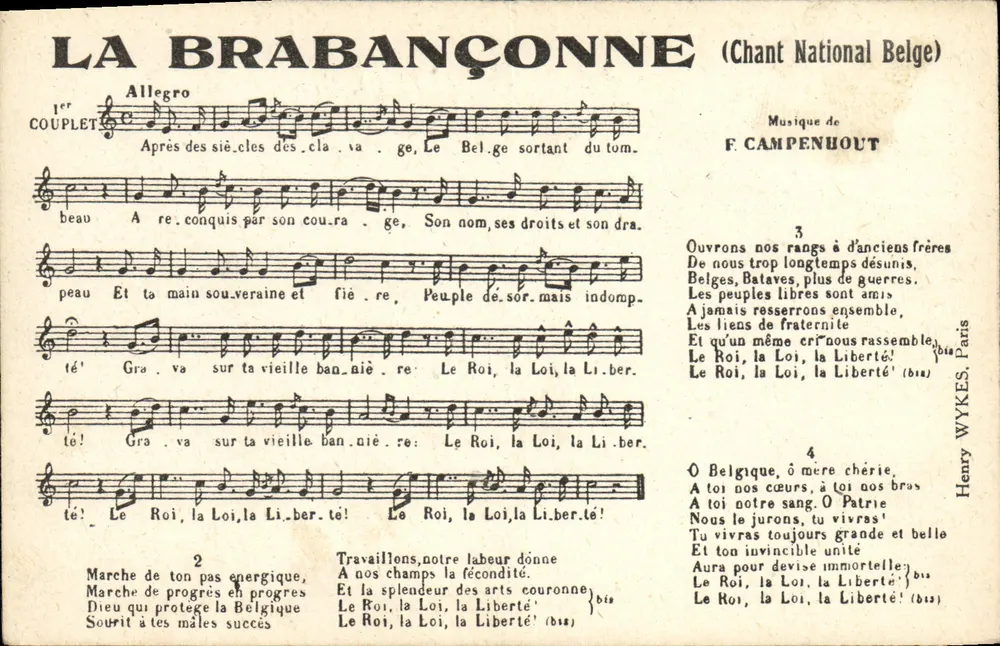 Die Brabançonne (belgische Nationalhymne) — Musik von F. Campenhout — Henry Wykes, Paris - Vorderseite