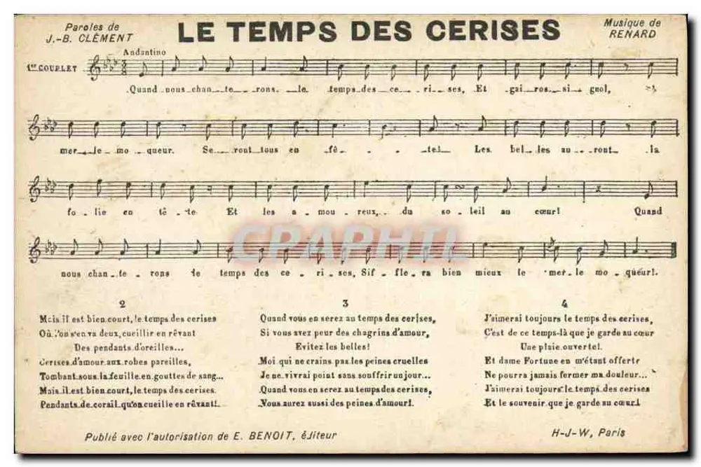 O tempo das cerejas — canção — E. Benoit, editor, H-J-W, Paris - Frente