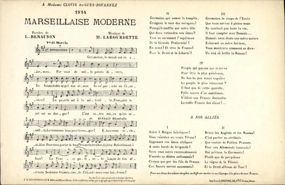 Marseillaise Moderna — 1914 — J. Broussoult, Editora, IIIº Arrondissement de Paris - Frente