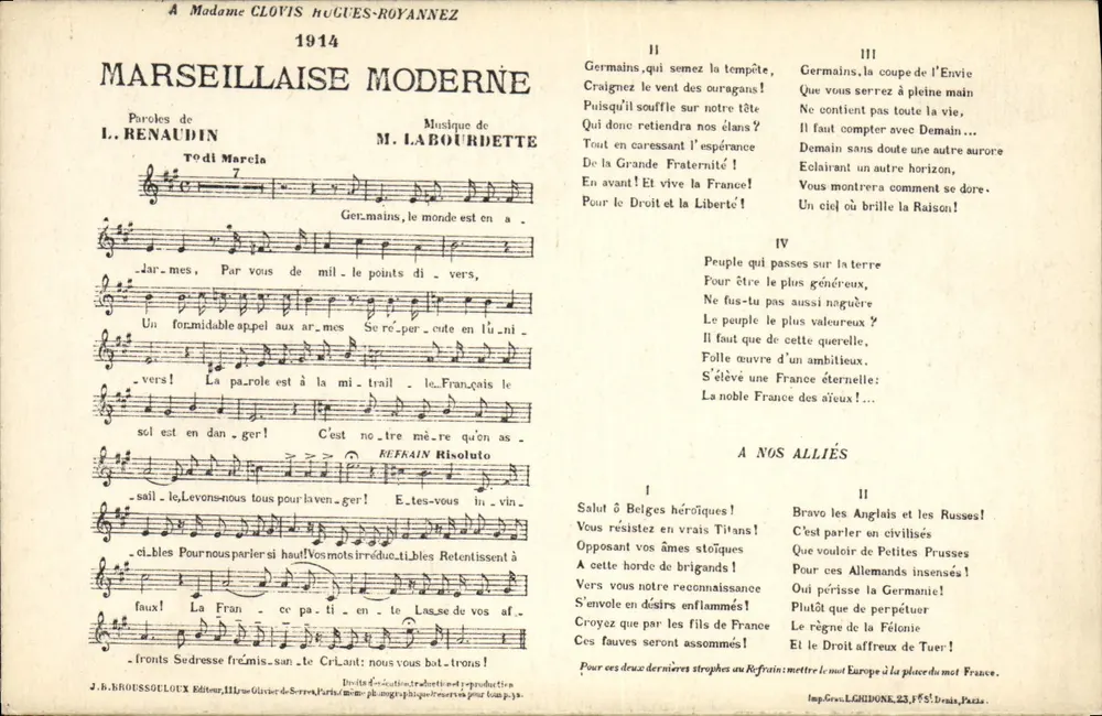 Marselhesa Moderna — 1914 — J.B. BROUSSELOUL Editor, Paris - Frente
