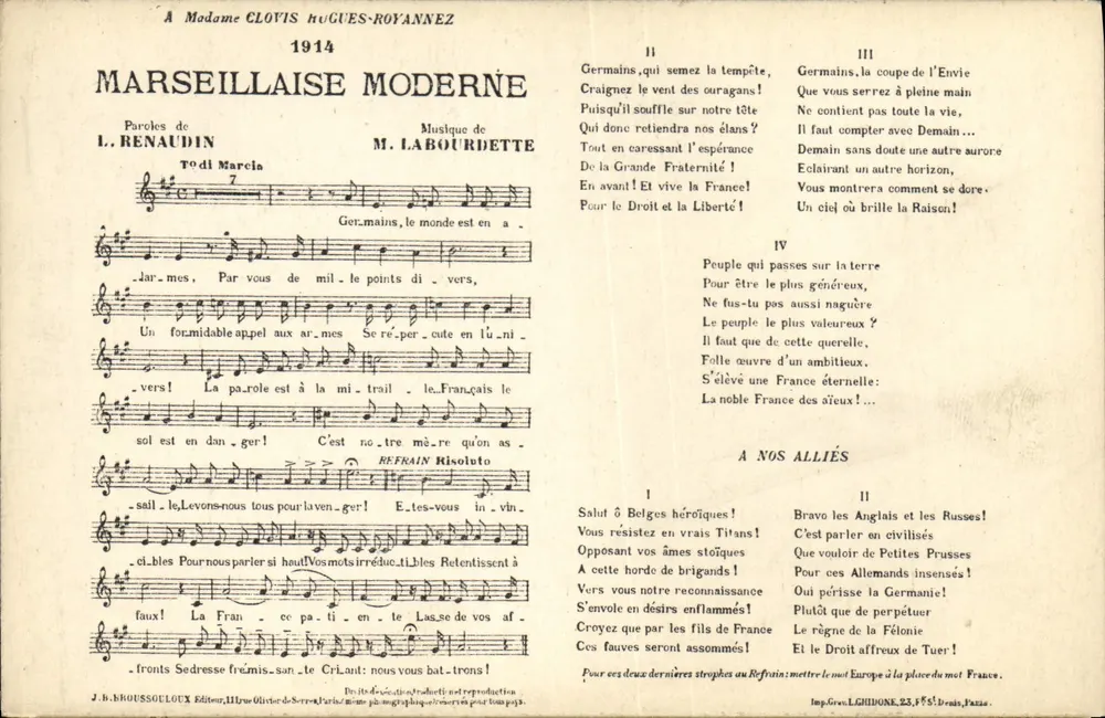 Marseillaise Moderna — 1914 — J.B. HOUSSOULX, Editor, 11 rue Olivier de Serra, Paris - Frente