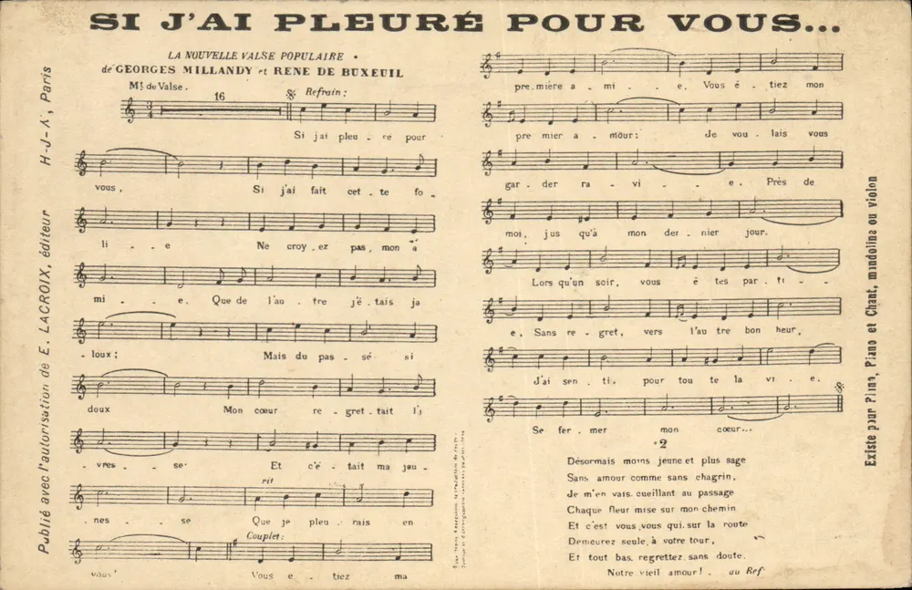Beliebte Walze — 'Si j'ai pleuré pour vous...' — H.-J.-A. Lacroix, Verlag - Vorderseite