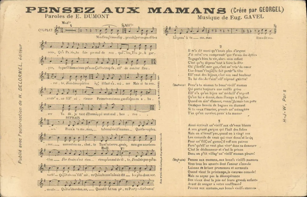 Denken an die Mütter — Lied — H. Delormel, Verleger - Vorderseite