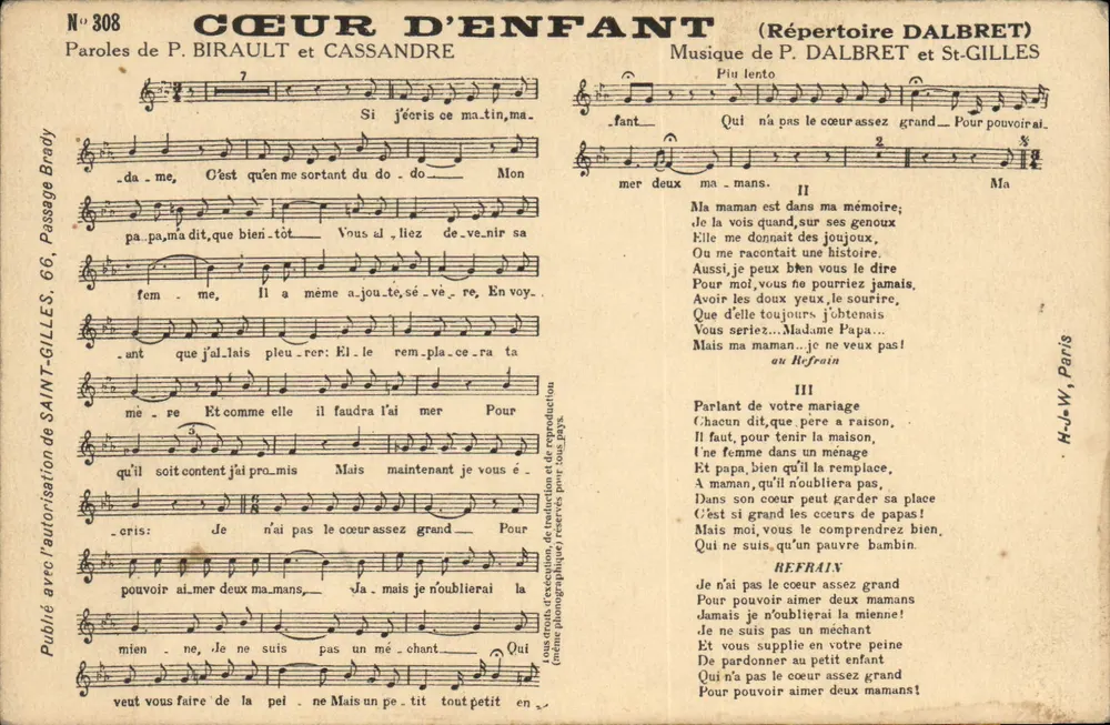 Coração de Criança — Répertoire Dalbret — Editor Brady, n°308 - Frente