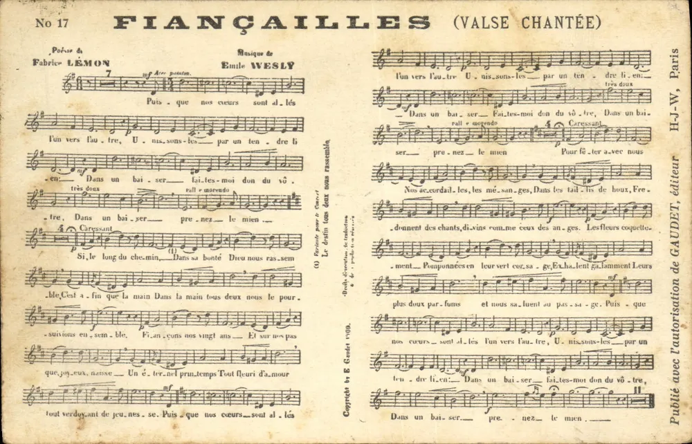 Noivado (Valsa cantada) — Poema de Fabrice Lémon, música de Émile Wesly — Editor H-J-W, Paris, n°17 - Frente