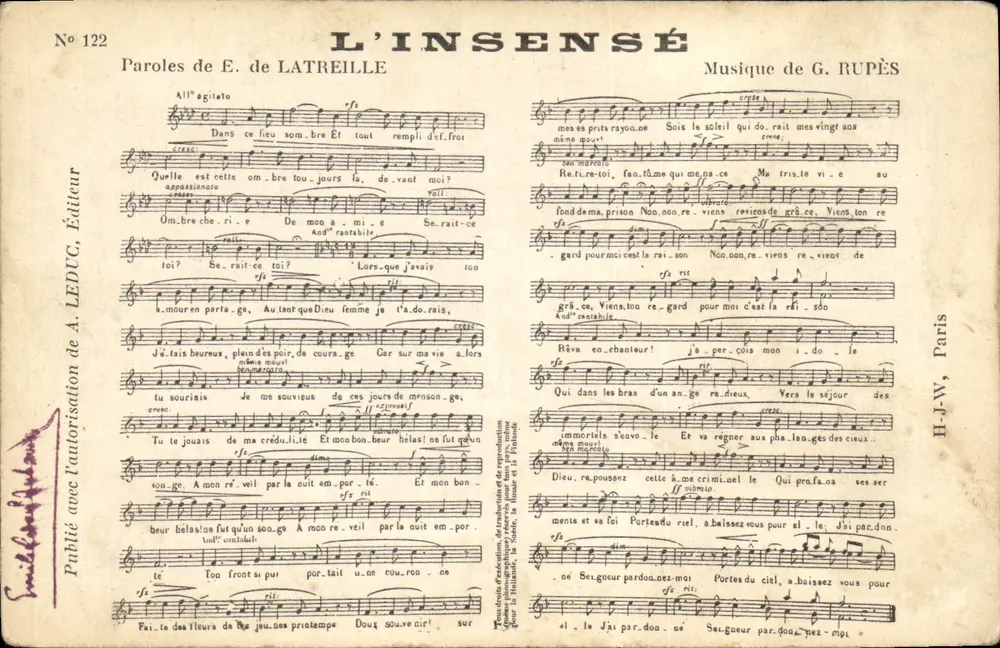 L'INSÉNSE — Palavras de E. de LATREILLE, Música de G. RUPÈS — Editor A. LEDUC, n°122 - Frente
