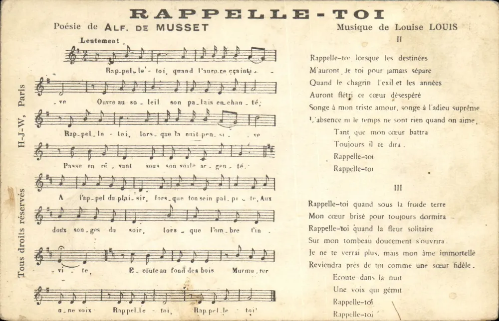 Erinnere dich — Gedicht von Alf. de Musset, Musik von Louise Louis — H.-J.-W., Paris - Vorderseite