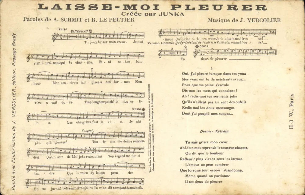 Lass mich weinen — Walzer — Verlag J. Vercollier, Paris - Vorderseite