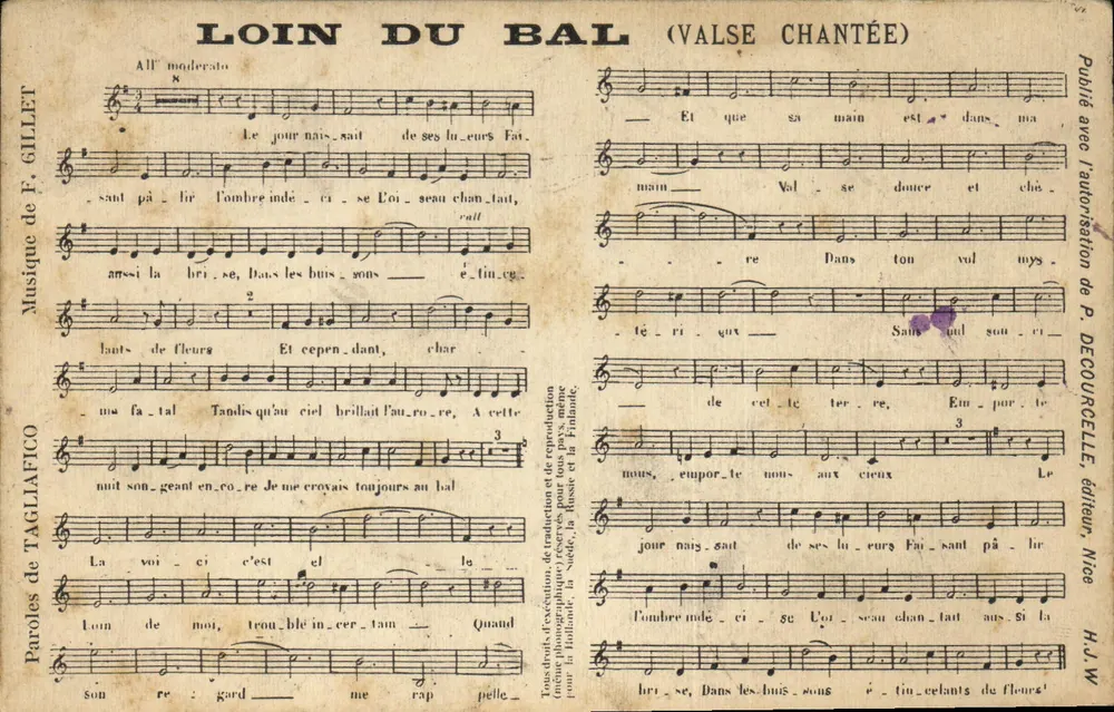 Von der Tanzfläche entfernt (gesangliche Walze) — Text von F. Gillet, Musik von Tagliafico — Verlag P. Decourcelle, Nizza - Vorderseite