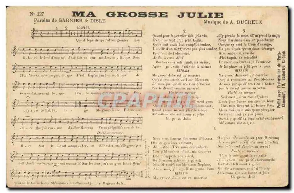 Minha grande Julie — Letras de Garnier & Disle, Música de A. Ducreux — N° 127 - Frente