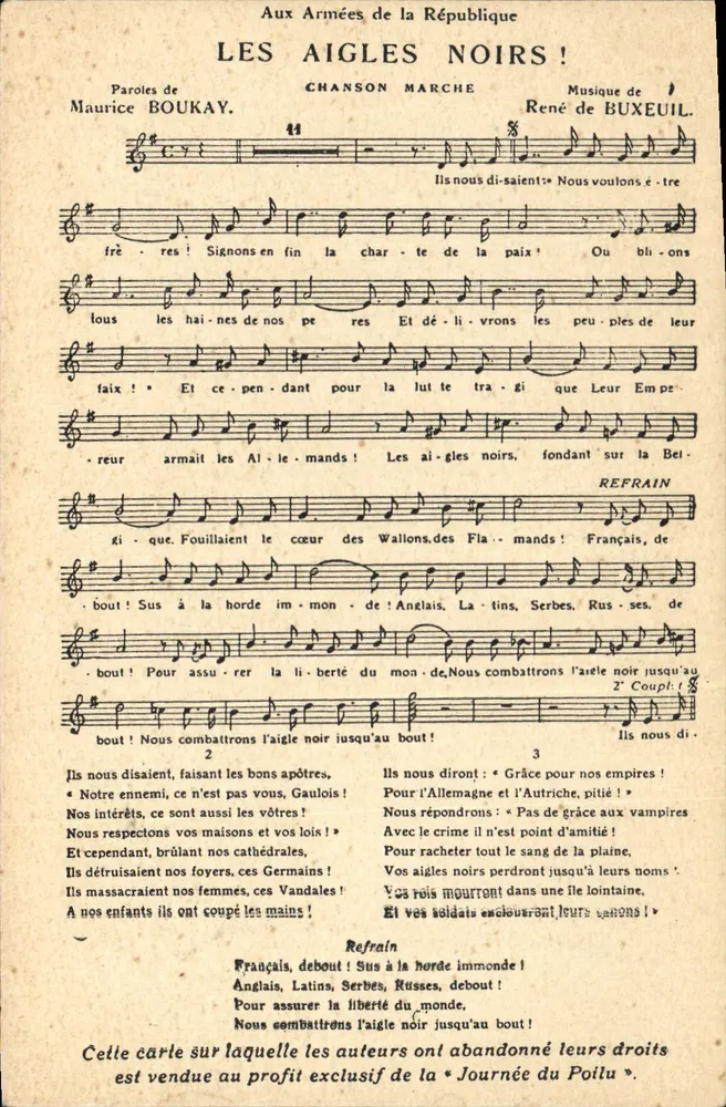 I Neri Aquilotti! — Canzone di guerra — Giornate del Poilu, edita dall'Imprimerie de la Poste - Recto