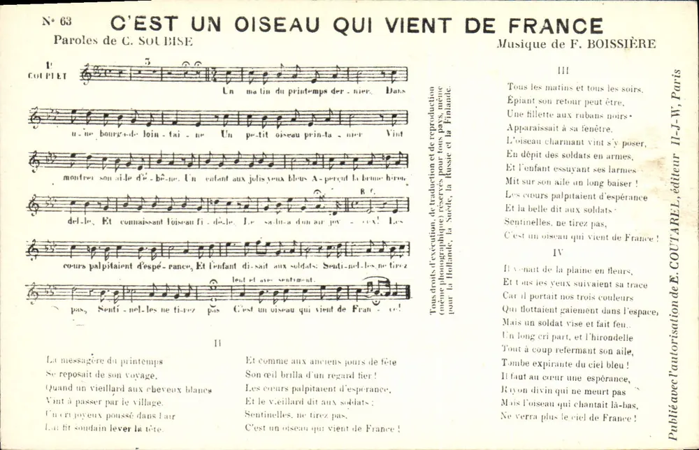 ES IST EIN VOGEL, DER AUS FRANKREICH KOMMT — Lied — Verlag E. COUTAREL, Paris - Vorderseite