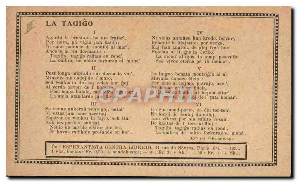 A Tagiĝo — poema e música de Antoni Grabowski — Editora: Esperantista Centra Librejo, Paris - Verso