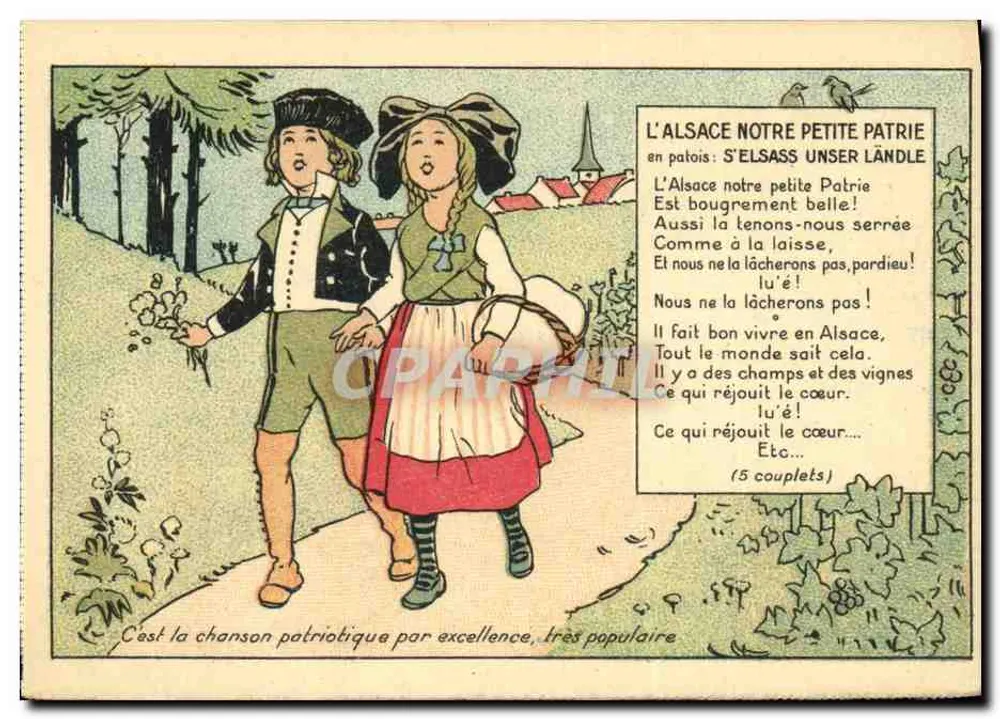Dois crianças em traje alsaciano cantando — A Alsácia nossa pequena pátria — Éditions d'Alsace-Lorraine - Frente