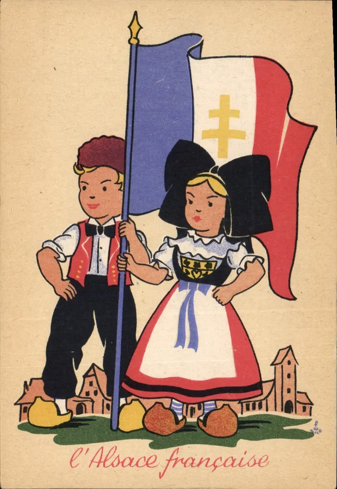 La Alsacia francesa — niños en traje tradicional sosteniendo la bandera francesa — editor Roger Bussnager, Estrasburgo - Anverso