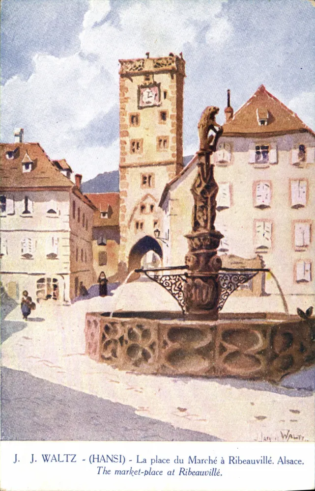 Marktplatz in Ribeauvillé — Ansicht mit Brunnen und Uhrturm — J. J. Waltz (Hansi) - Vorderseite