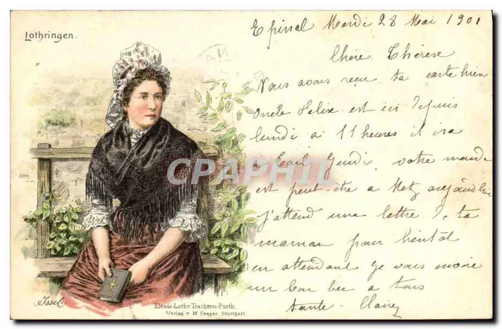 Mulher sentada segurando um livro — Lothringen — Editor: Elbrass-Lothar Rachten-Poufk, Verlag v. M. Gagger, Stuttgart - Frente