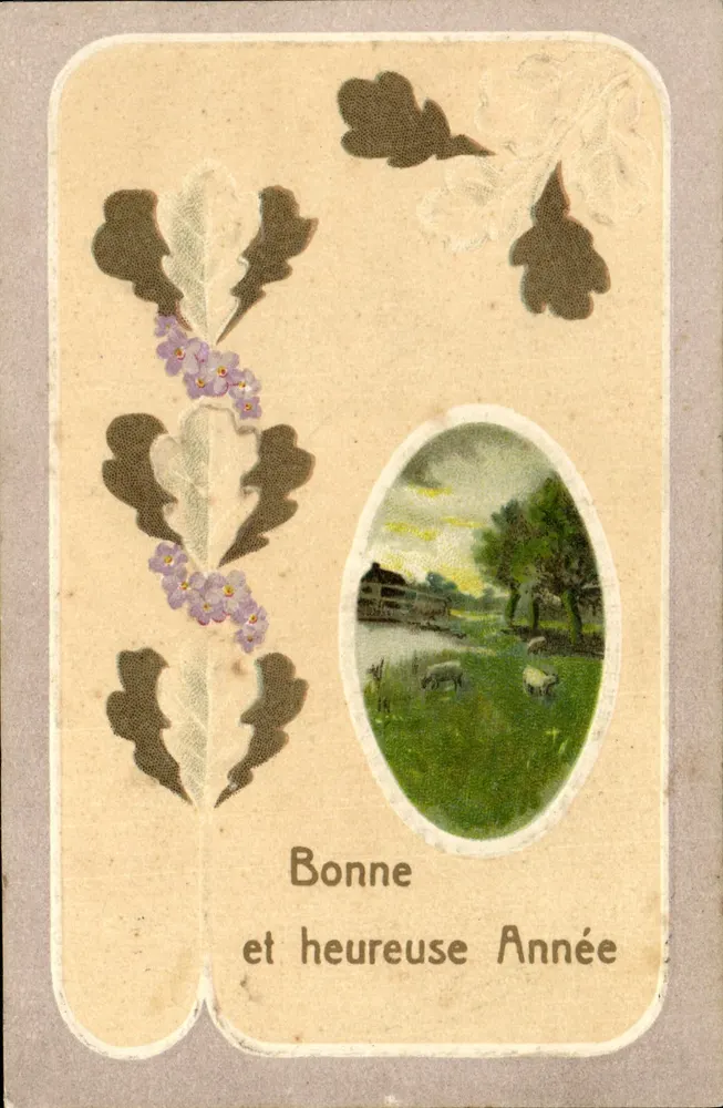 Bom e feliz Ano — decoração de folhas de carvalho e flores de murcha — carta de voto - Frente