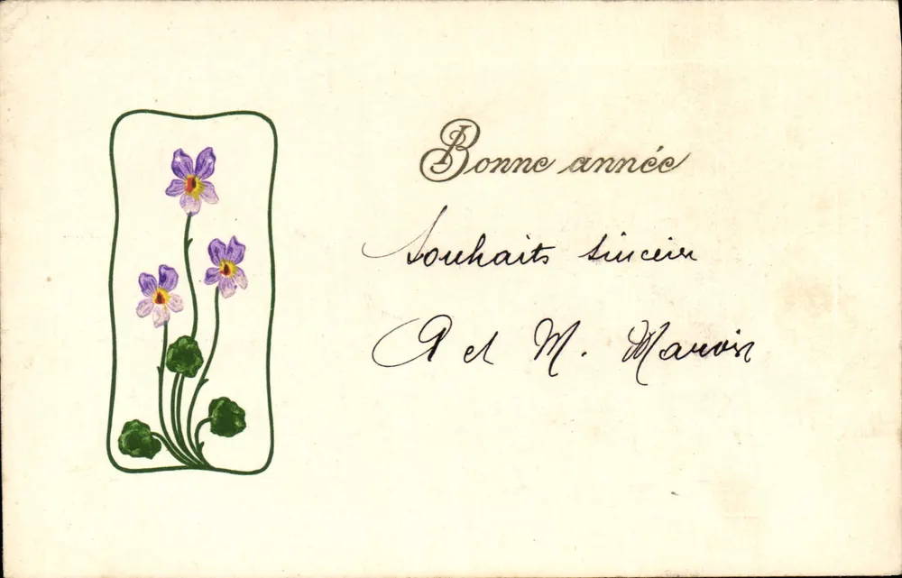 Carta de boas-vindas com violetas — editor não visível — número de série não visível - Frente