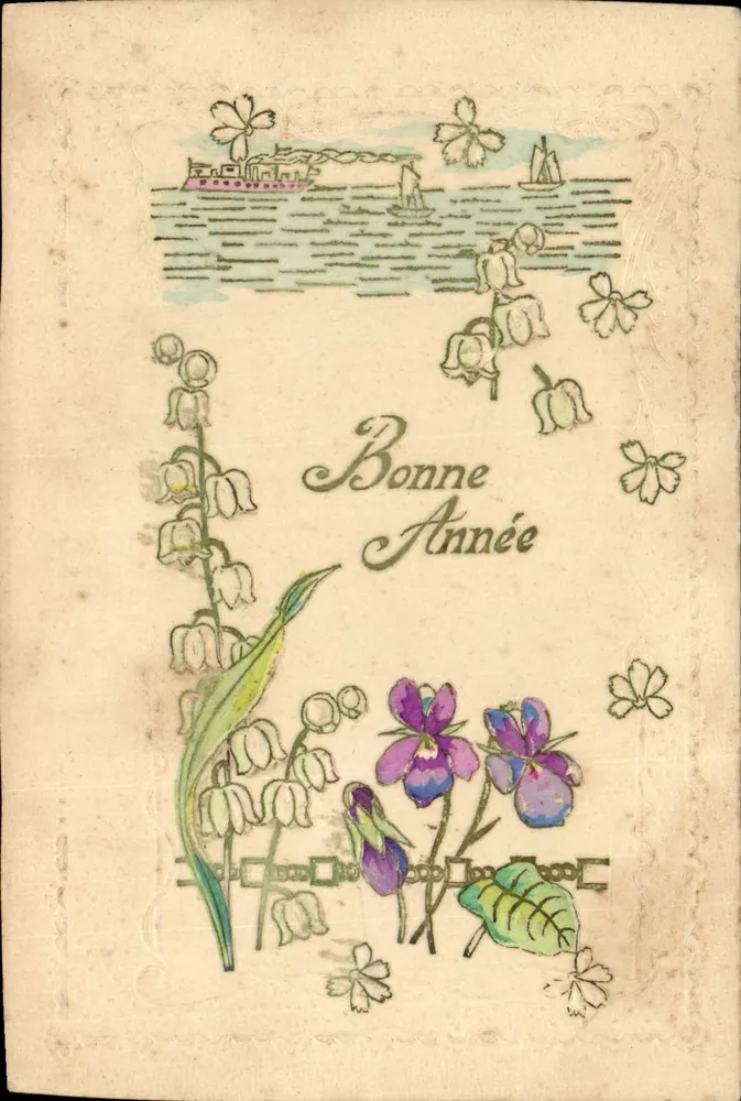 Boa Ano — decoração de flores e barco — editor desconhecido - Frente