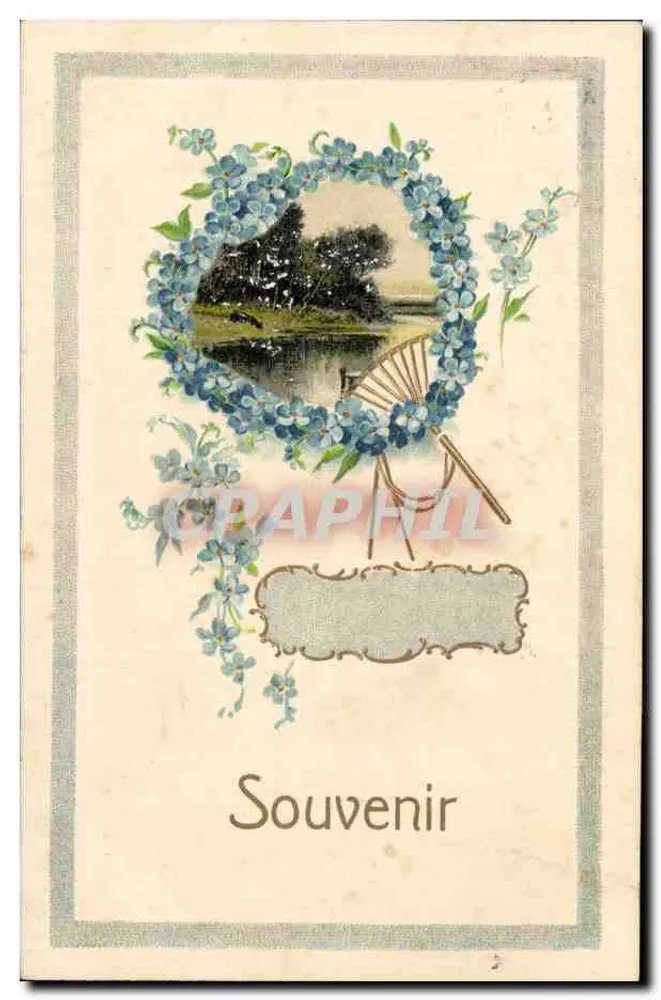 Lago no horizonte — decoração de flores azuis e ventilador — Lembrança - Frente