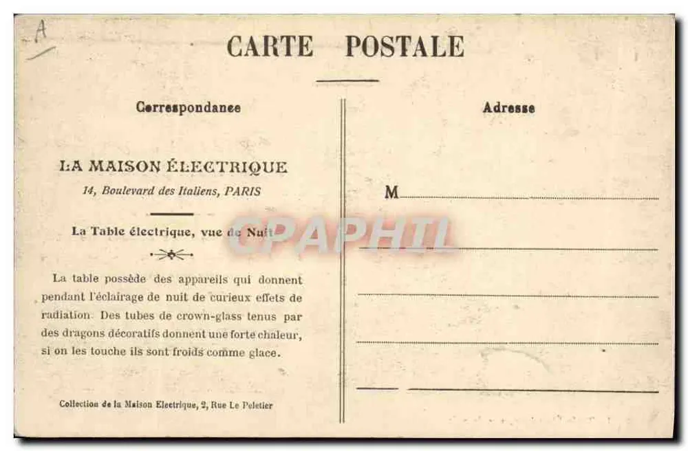 A Mesa Elétrica, vista à noite — La Maison Électrique, 14, Boulevard des Italiens, Paris - Verso