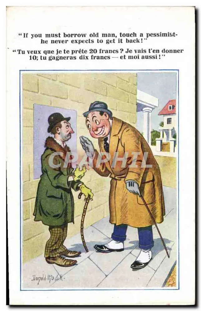 Zwei Männer im Gespräch — humoristische Karikatur — Inter-Art Co., Florence House, Barnes, S.W. — Serie 'COMIQUE' Nr. 5178 - Vorderseite