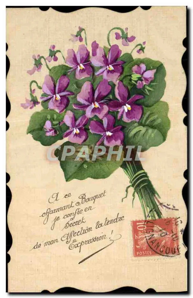 Bouquet de violetas — A este encantador bouquet confio em segredo da minha afeto a suave expressão! — Editor desconhecido, número de série não visível - Frente