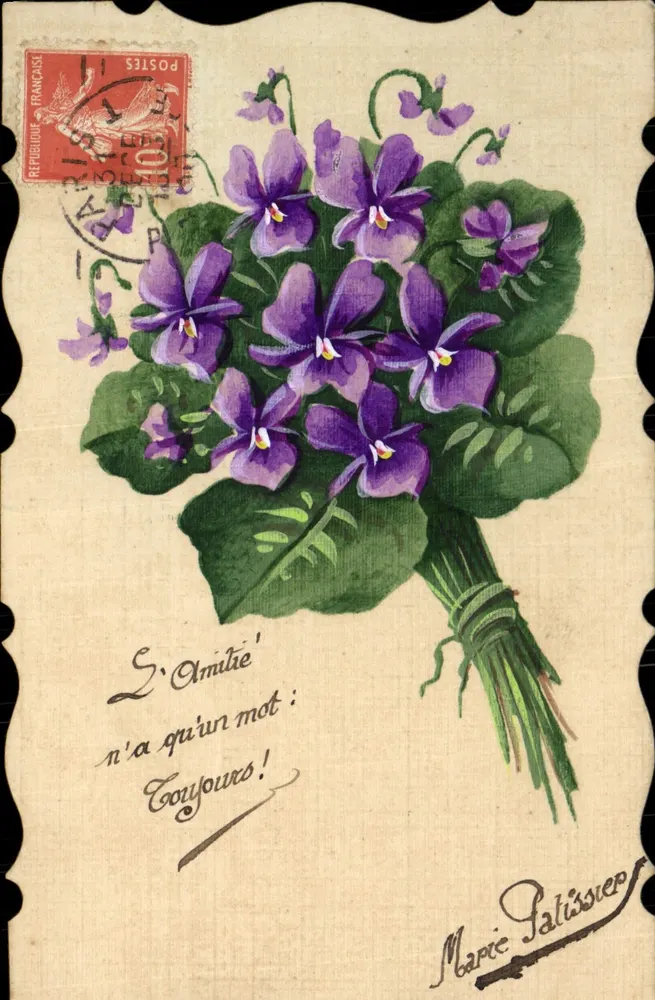 Arranjo de violetas — 'A Amizade tem apenas uma palavra: Sempre!' — Marie Palissier - Frente