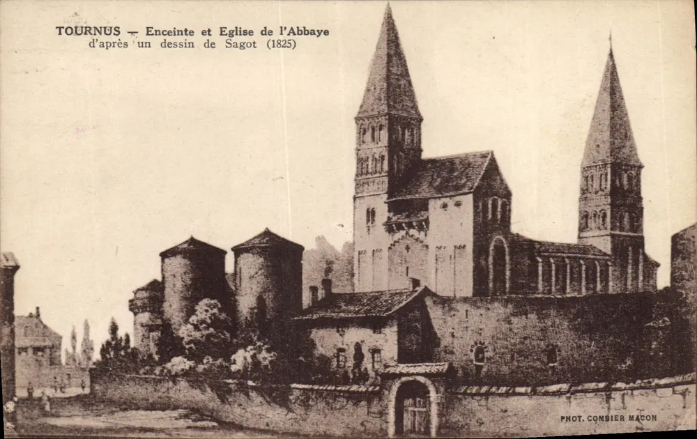 Tournus — Festung und Kirche der Abtei — nach einem Zeichnung von Sagot (1825) — Foto. Combier Macon - Vorderseite