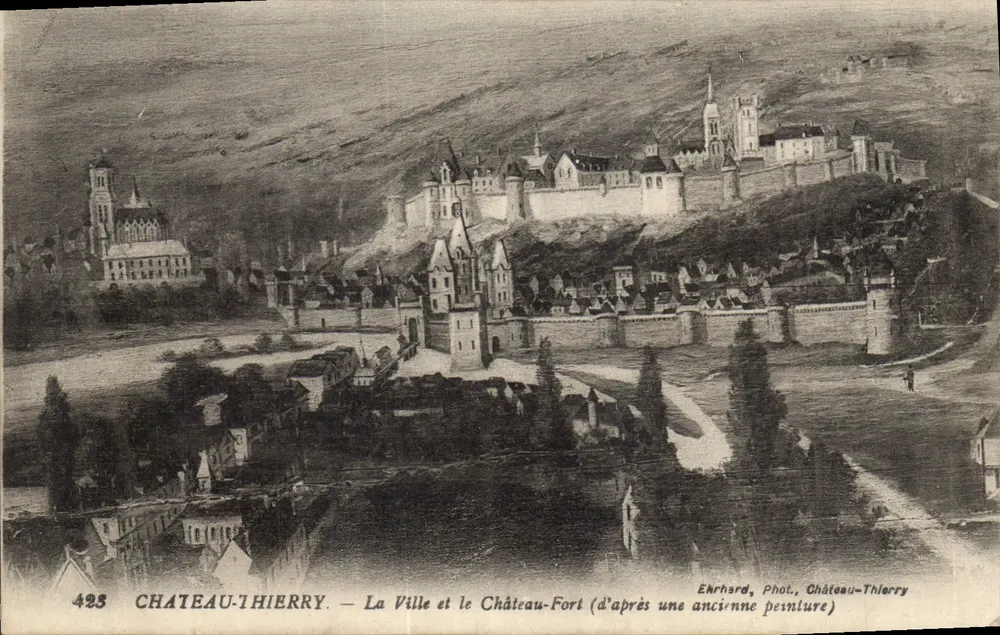 Château-Thierry — Die Stadt und das Burgschloss (nach einer alten Malerei) — Ehrhard, Foto. Château-Thierry, Nr. 423 - Vorderseite