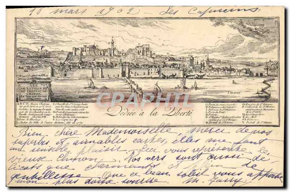 Ansicht der Stadt und des Schlosses Chinon — Kupferstich — anonymer Verleger - Vorderseite