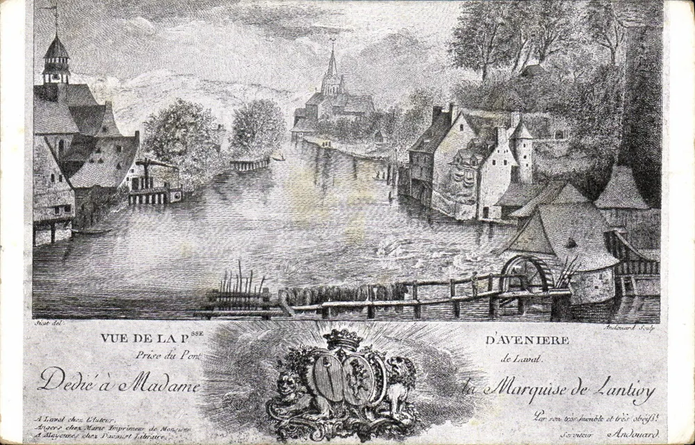 Vista da Ponte d'Avenière em Laval — dedicada à Senhora Marquesa de Lantivy — gravura de Andouard Soly - Frente