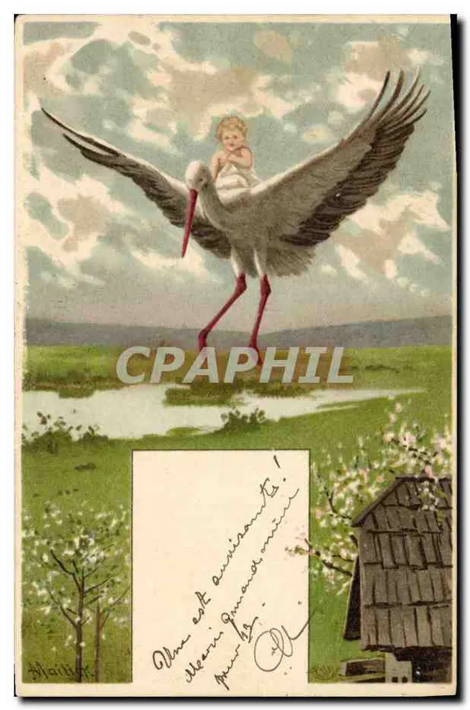 Cegonha carregando um bebê — ilustração — H. Maillet, n° 123 - Frente