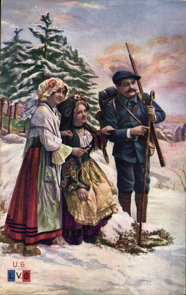 Schneeberglandschaft — Soldat und zwei Frauen im traditionellen Kleid — Verlag L.V.C., Nr. U.6 - Vorderseite