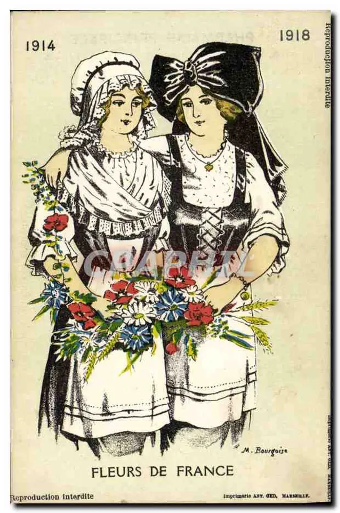 Duas jovens mulheres em trajes regionais — FLEURS DE FRANCE — M. Bourgoise, impressora ANT. GED, MARSEILLE - Frente