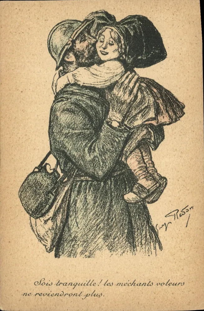 Soldado beijando uma mulher — ilustração de Guy Robson — editor Devambez, Paris, n° 123 - Frente