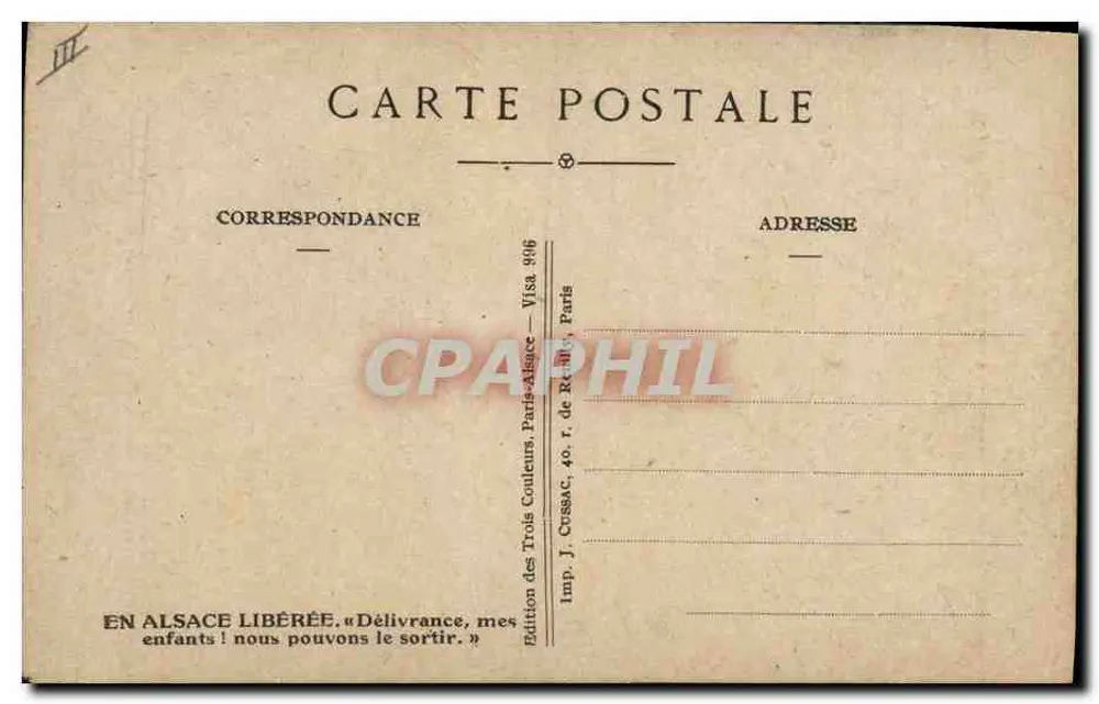 Cena de vida alsaciana — libertação da Alsácia — edição J. Cussac, Paris - Verso
