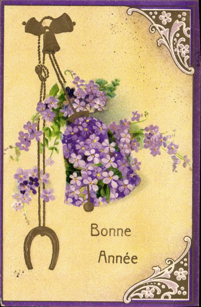 Bom Ano — flores violetas e símbolos de felicidade — editor não identificado - Frente