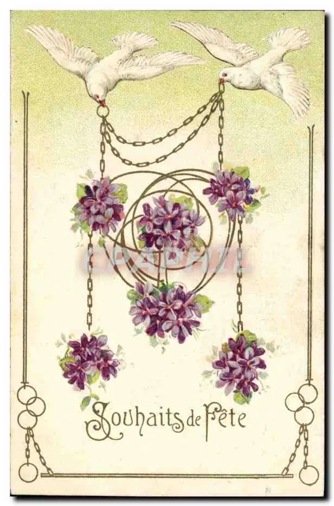 Due colombi — legati da una catena e sostenendo fiori viola — Auguri di Festa — K. F. Editori, Parigi, Serie 1.627 - Recto
