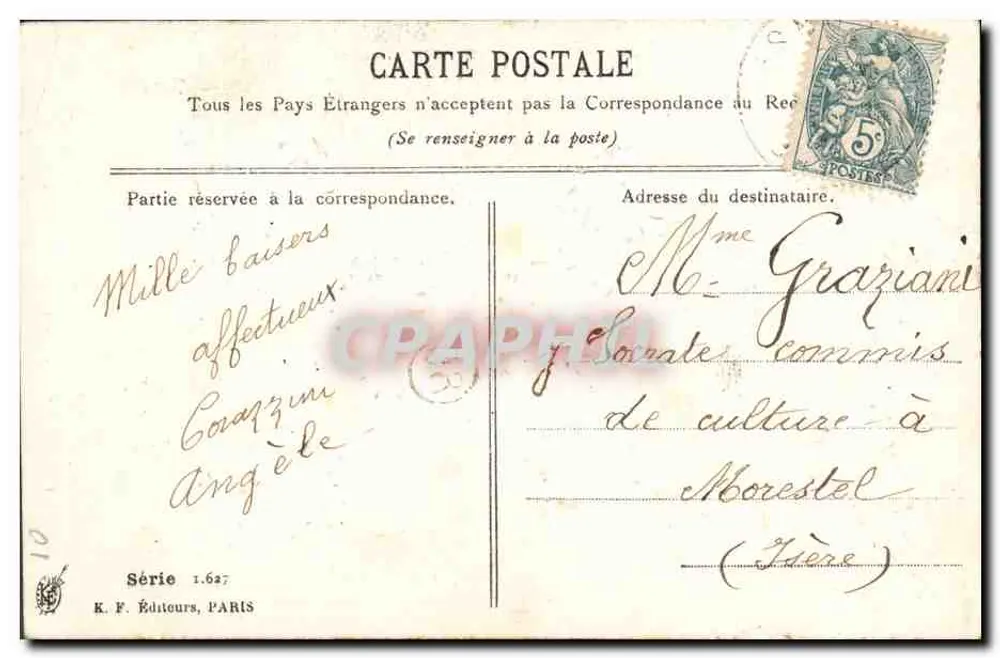 Due colombi — legati da una catena e sostenendo fiori viola — Auguri di Festa — K. F. Editori, Parigi, Serie 1.627 - Verso
